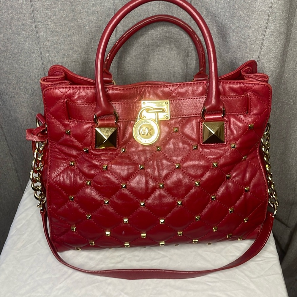 PRE-OWNED MICHAEL MICHAEL KORS LARGE SOFT RED STUDDED HAMILTON SATCHEL/TOTE